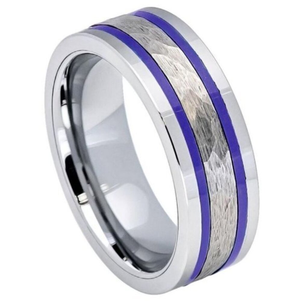 8mm Men Women Tungsten Ring Pipe cut Hammered center Blue Trims Shiny Edge